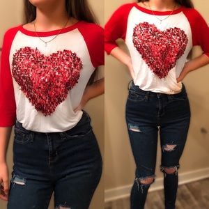 Sequined Red And White Baseball Tee With Heart